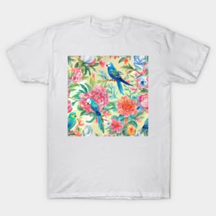 Flowers and Budgies on yellow watercolor painting T-Shirt